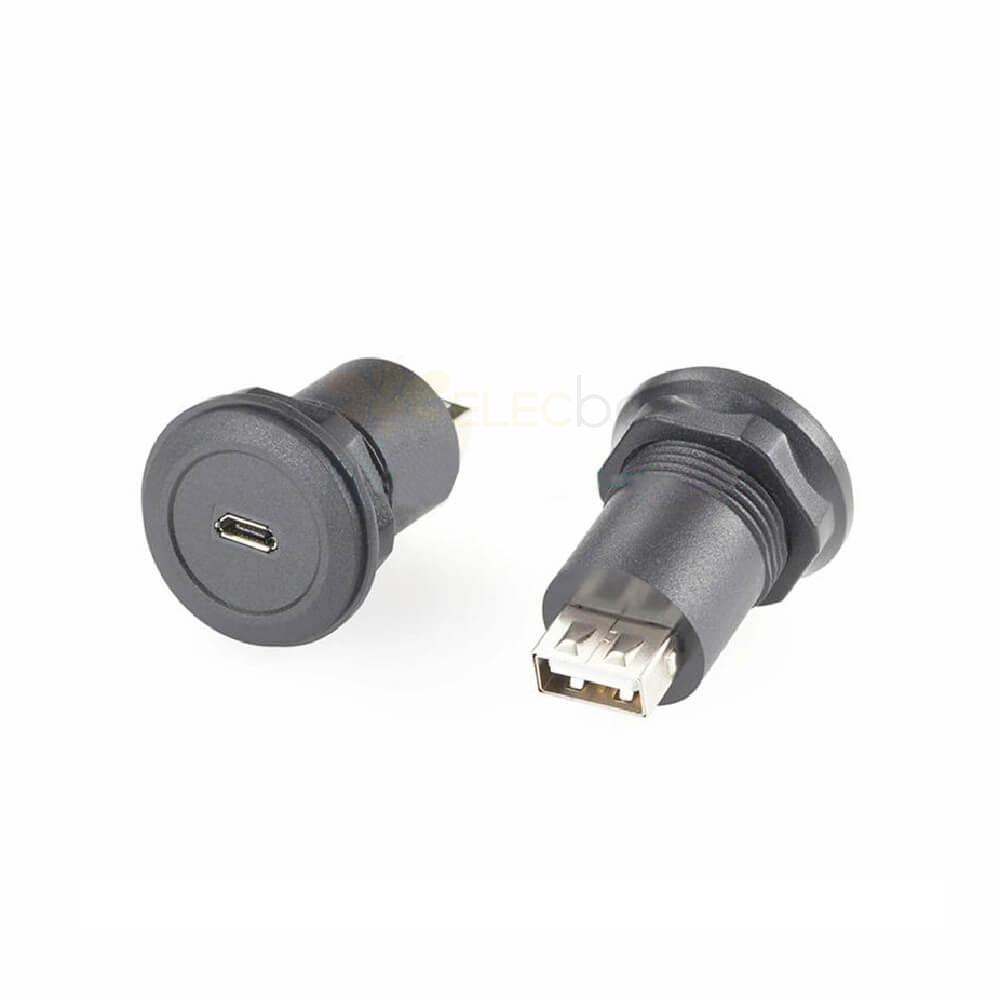 Micro USB B Jack to USB Type A Plug Round Panel Mount Adapter