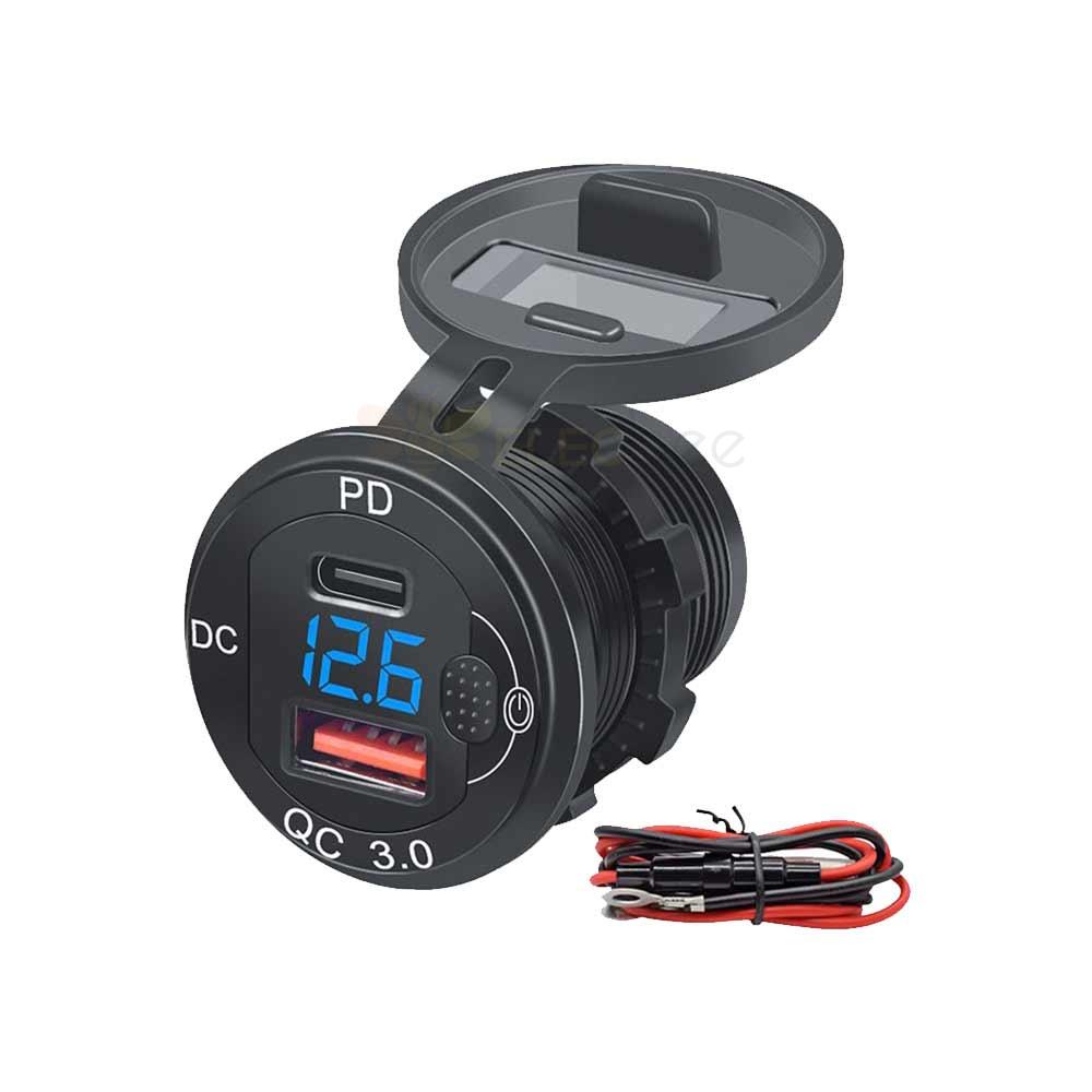 Aluminum Alloy QC3.0 PD Fast Charger with Switch Button Car Modified In-car Voltage Display Charger