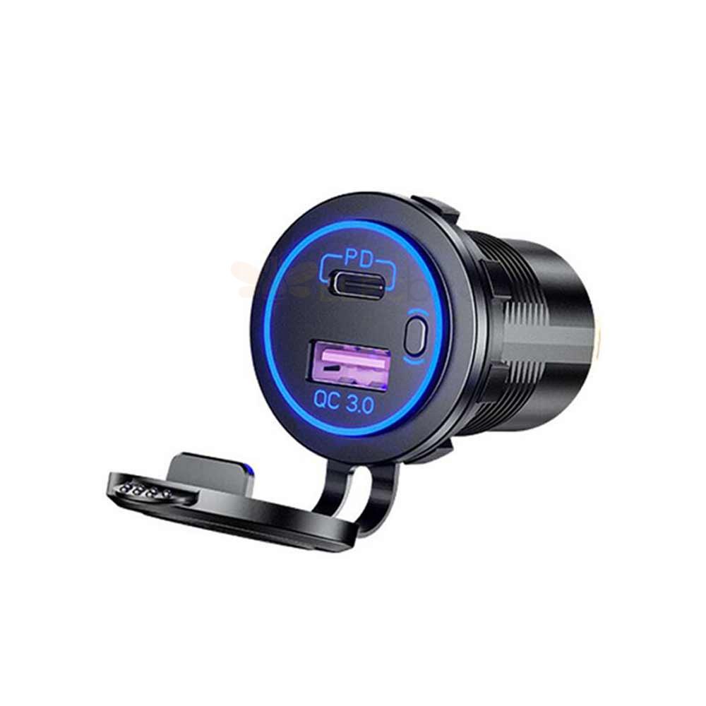 Automotive Modified Dual Fast Charging QC3.0+TYPE-C+PD Dual-Port Charger Blue Light with 60cm Power Cord