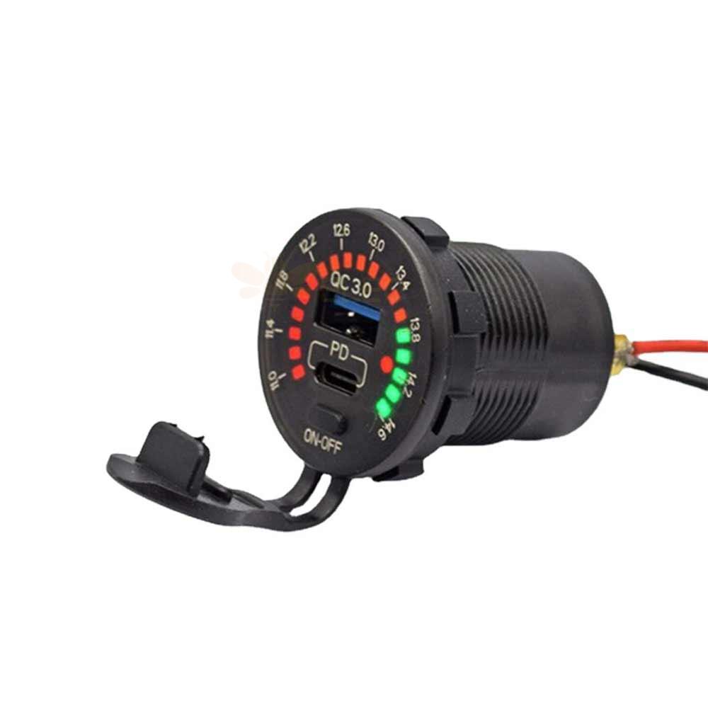 12V Automotive Modified Charger with Color Display Voltage Meter QC3.0+TYPE C Fast Charging USB Charger with Voltage Display