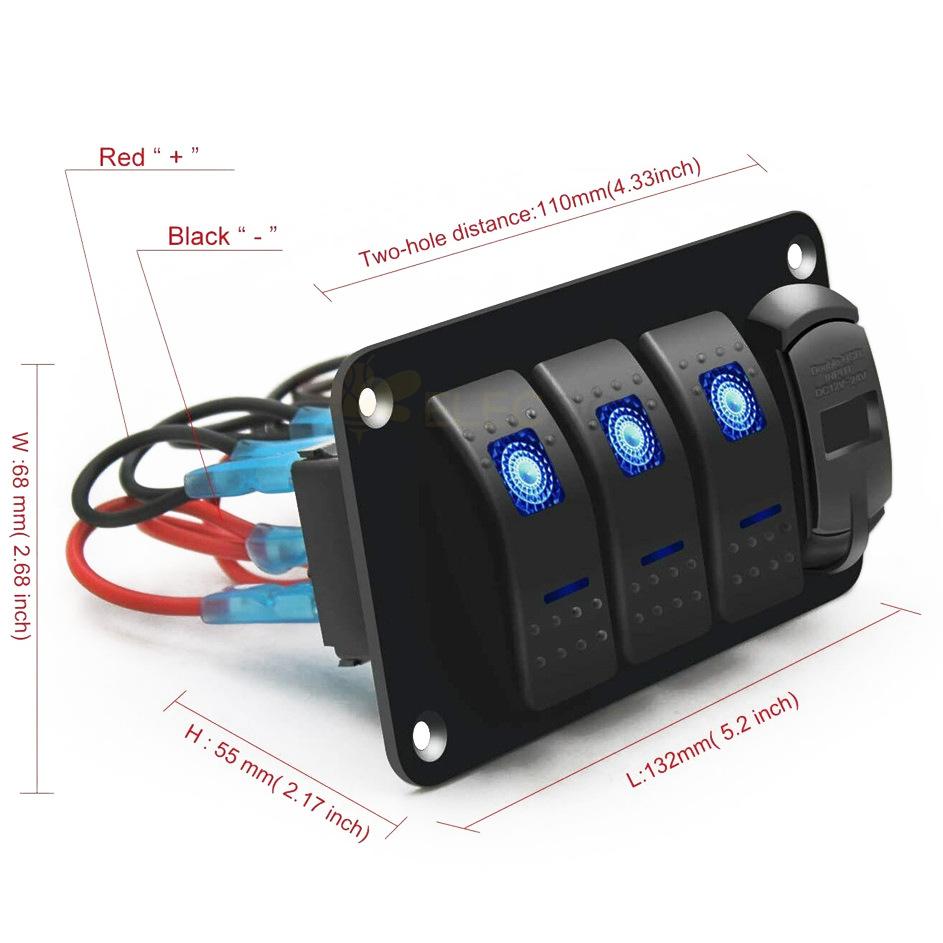 Marine Automotive Power Control Panel 3 Gang Switch with Dual USB Ports Red LED