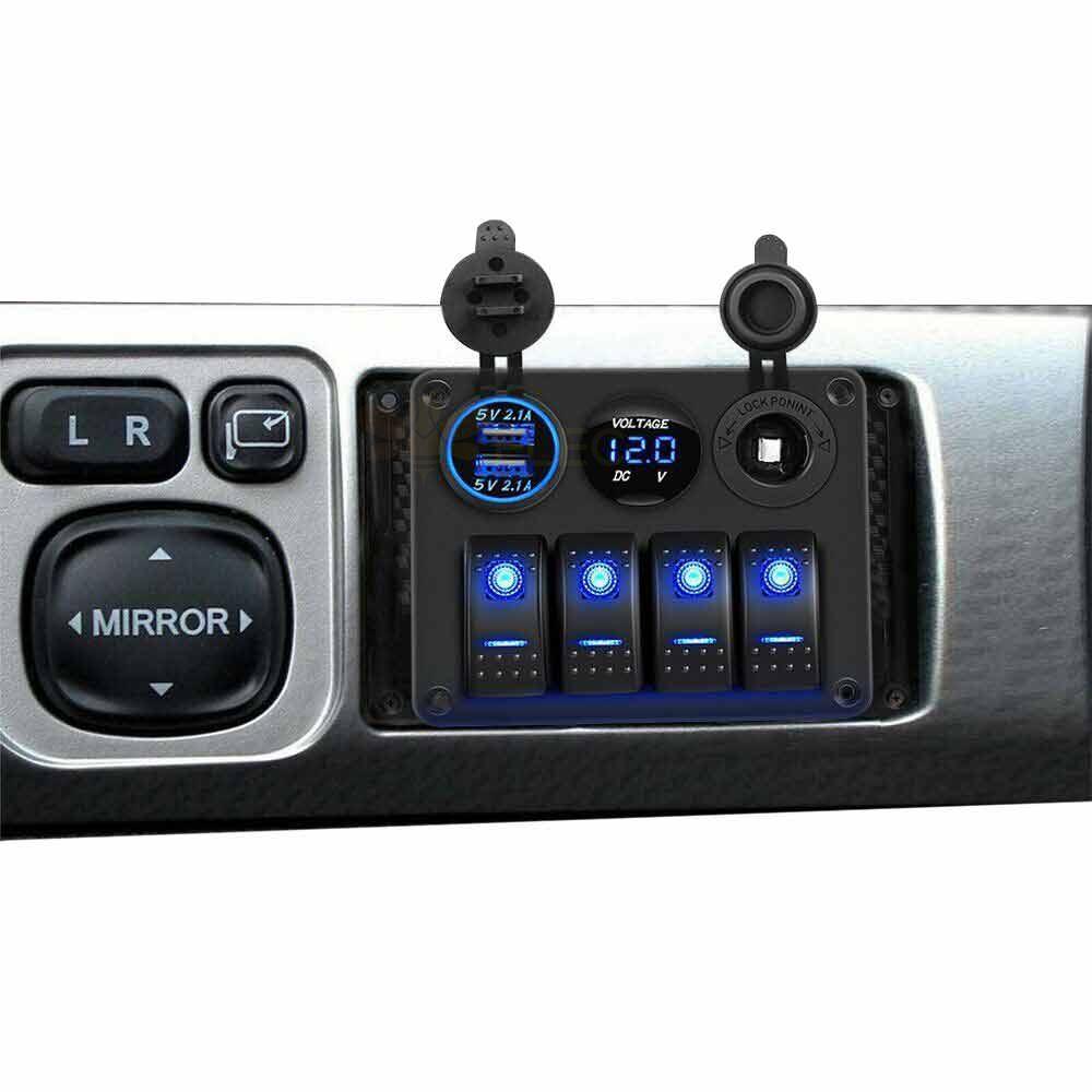 Caravan RV Power Panel with 4 Gang Switch Dual USB Ports Cigarette Lighter Green LED