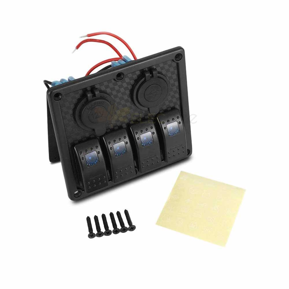 Interruptor de panel de combinación de 4 entradas a prueba de agua con cargador de coche USB dual Toma de encendedor de cigarrillos para caravanas Barcos LED rojo