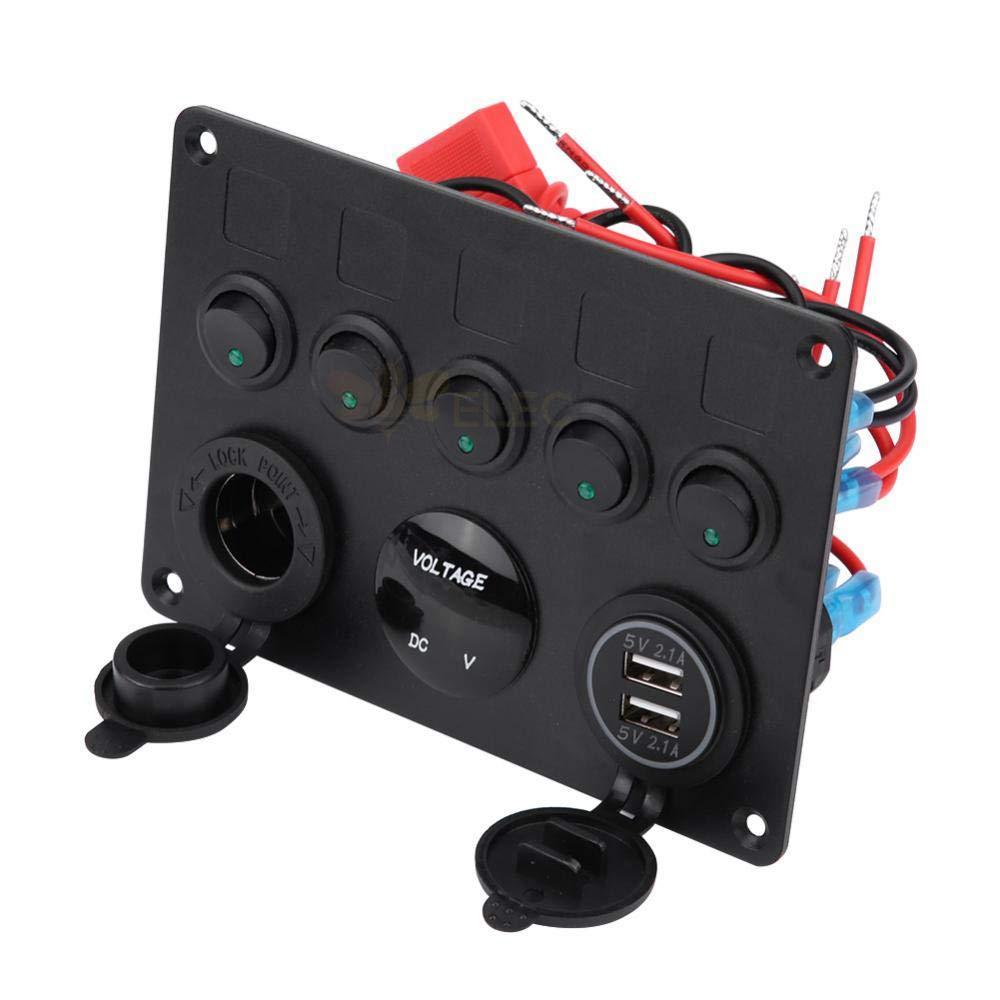 Car RV Yacht 5 Gang Cat Eye Boat Rocker Switch Panel with Dual USB Charger Voltage Meter DC12V 24V Green Light