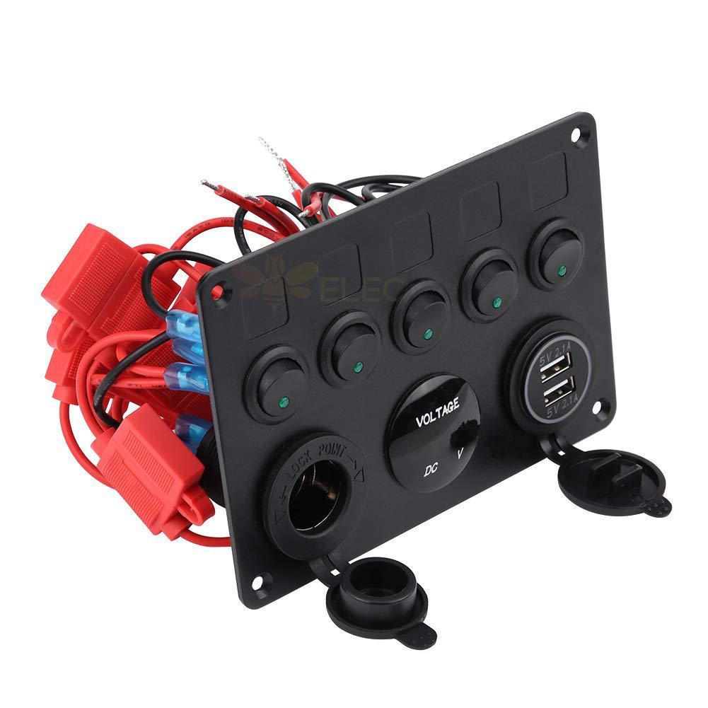 Interruptor cat eye de 5 vias com duplo medidor de voltagem usb isqueiro para carro rv iate dc12v 24v luz vermelha