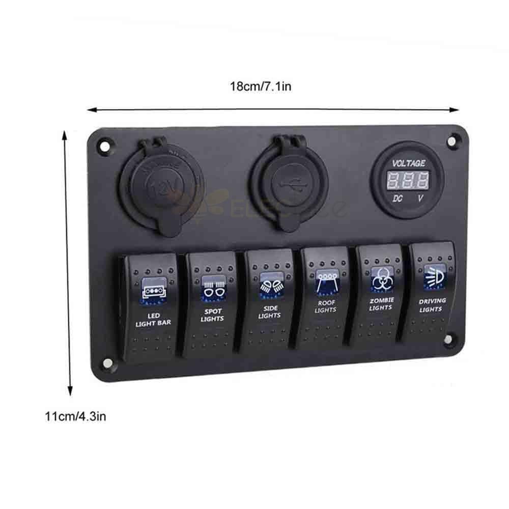 Switch Panel for Automotive Marine Boat Use with 6 Gang Switches Dual USB Ports Voltage Gauge DC12 24V Cigarette Lighter Green LED