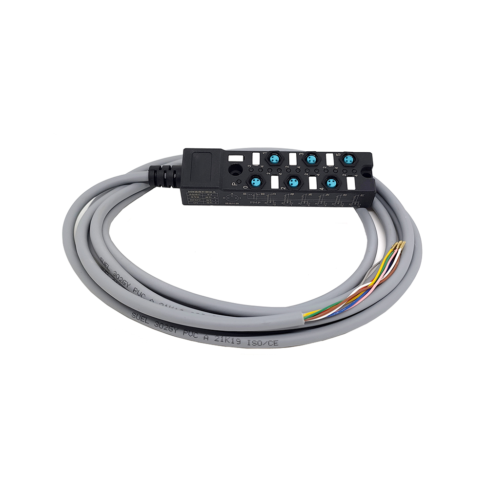 M8分配器緊湊型6埠 單通道NPN LED指示 電纜PUR/PVC灰色 2M