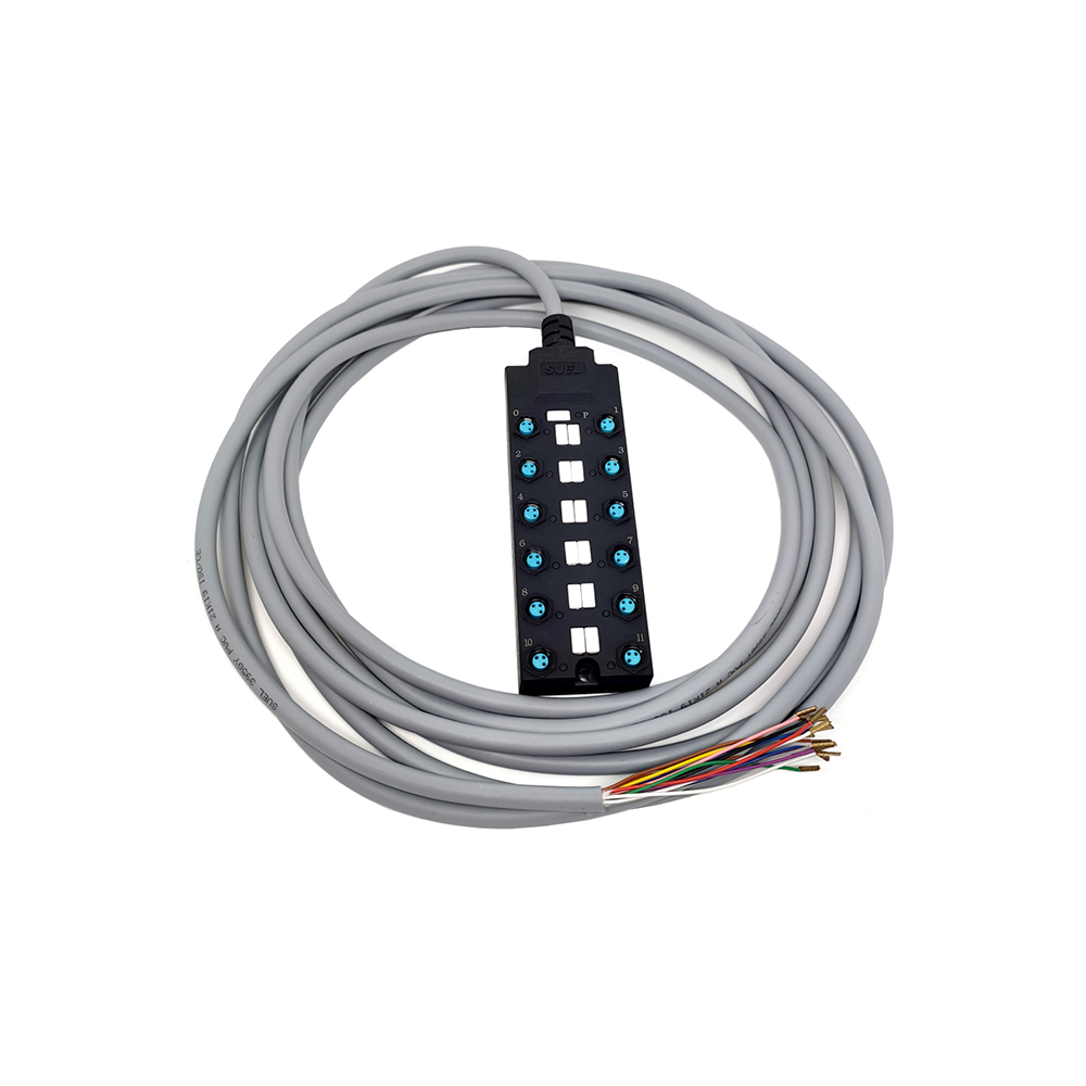 M8 Splitter Wide Body 12 Ports Single Channel PNP LED Indication Cable PUR/PVC Gray 7M