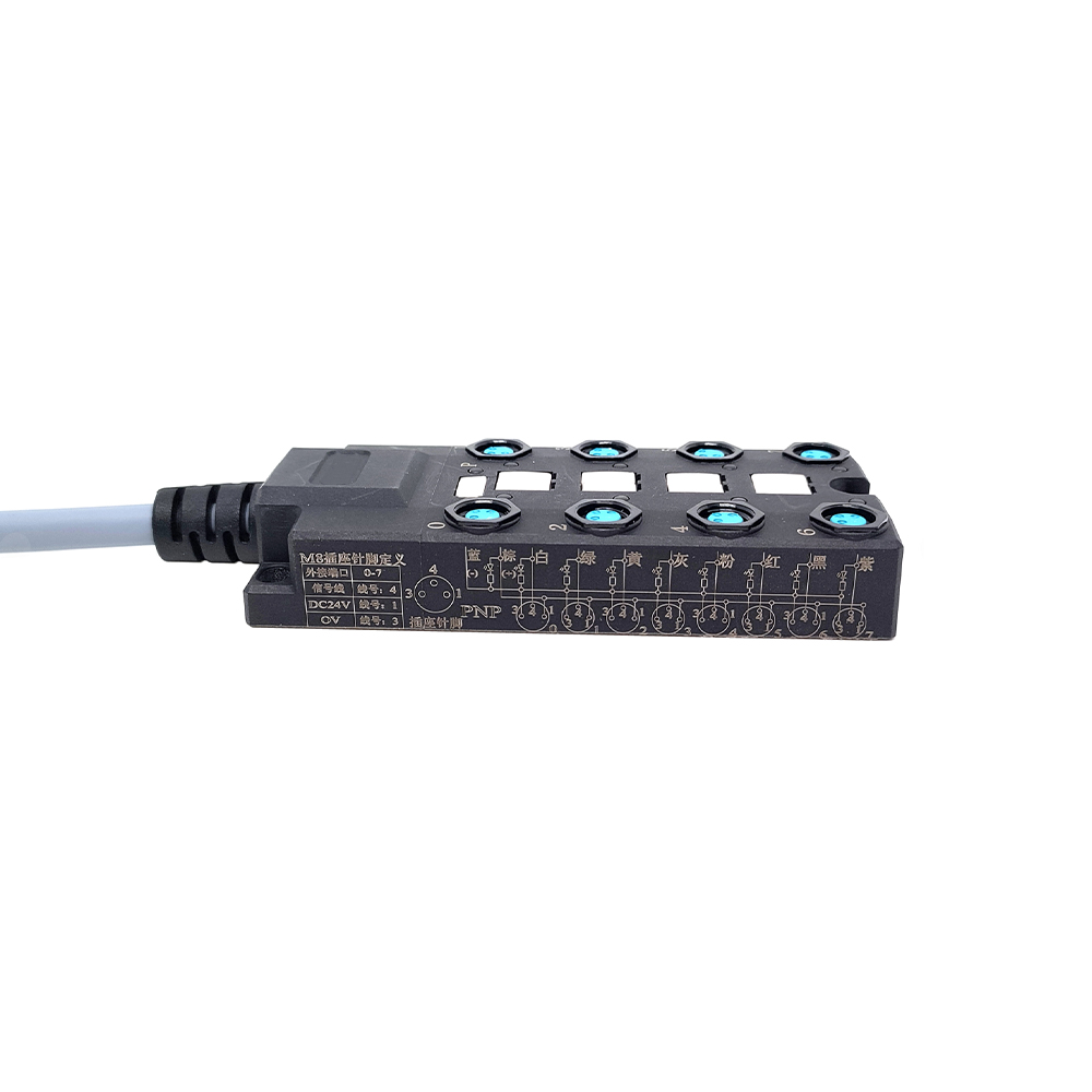 Répartiteur M8 corps large 8 Ports câble d\'indication LED PNP monocanal PUR/PVC gris 7M