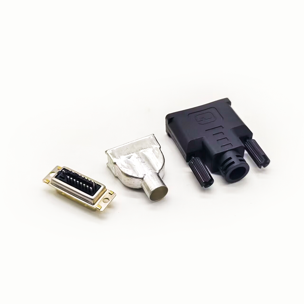 Conector DVI macho 24+1 cabo de solda reto shell plástico com invólucro de metal blindado