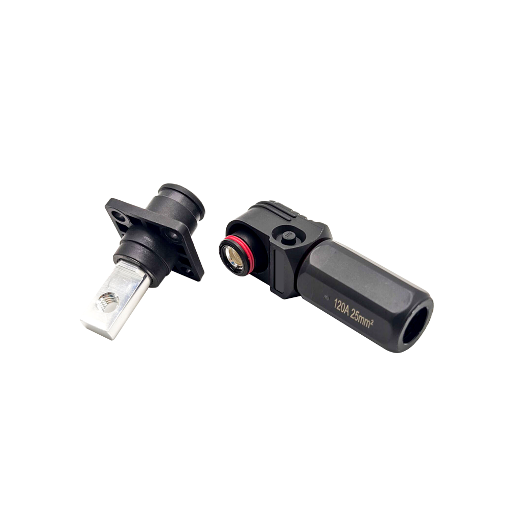 Waterproof High Current Battery Connectors Right Angle Plug and Socket 6mm Black IP65 120A Busbar Lug