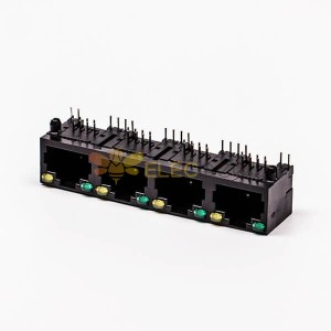 4 RJ45 Female Connector 4 Port 1/4 Black R/A Unshield With LED for PCB