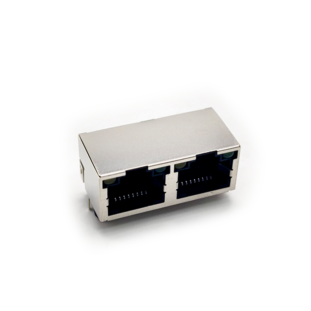 Ethernet Konektörleri RJ45 Sağ Açılı Delik Li çift Port DIP Tipi PCB Montaj