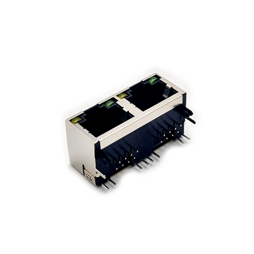 rj45网口端口1x2弯式90度插PCB板带灯半包带屏蔽