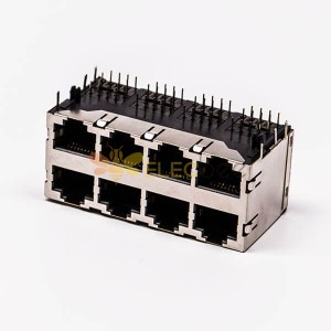 Rj45 8口網路插座母頭銅殼90度帶彈片無燈接PCB