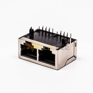 rj45插座 双口铜壳无灯90度带屏蔽母座接PCB板