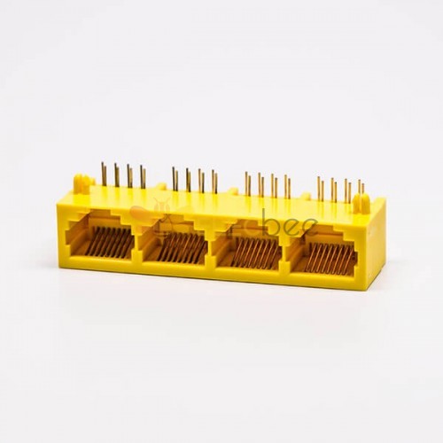 RJ45 Female Plug 90 Degree Connector 4 Port 8P Yellow Unshield Without LED