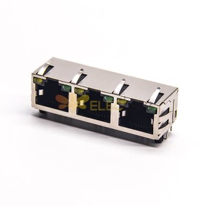 RJ45 Right Angle Connector PCB Mount 8P8C 3 Port Through Hole with LED EMI
