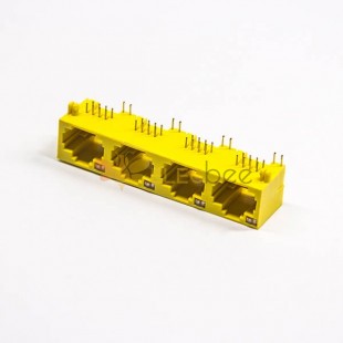 黃色 RJ45母座單層多端口1x4 非遮罩式帶燈插PCB板