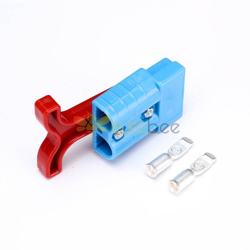 Connecteur de câble d\'alimentation de batterie à boîtier bleu 2 voies 600V 50Amp avec poignée en T en plastique rouge
