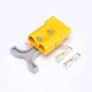 2 Way 600V 50Amp Yellow Housing Battery Power Cable Connector with Grey Plastic T-Bar Handle