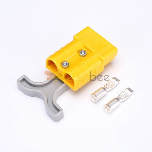 2 Way 600V 50Amp Yellow Housing Battery Power Cable Connector with Grey Plastic T-Bar Handle
