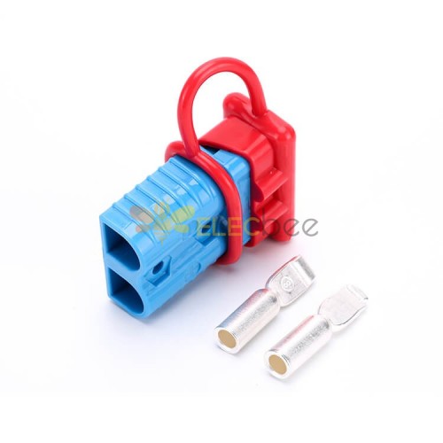 Conector de cable de alimentación de batería de 2 vías con carcasa azul de 600 V y 175 amperios con cubierta roja a prueba de polvo