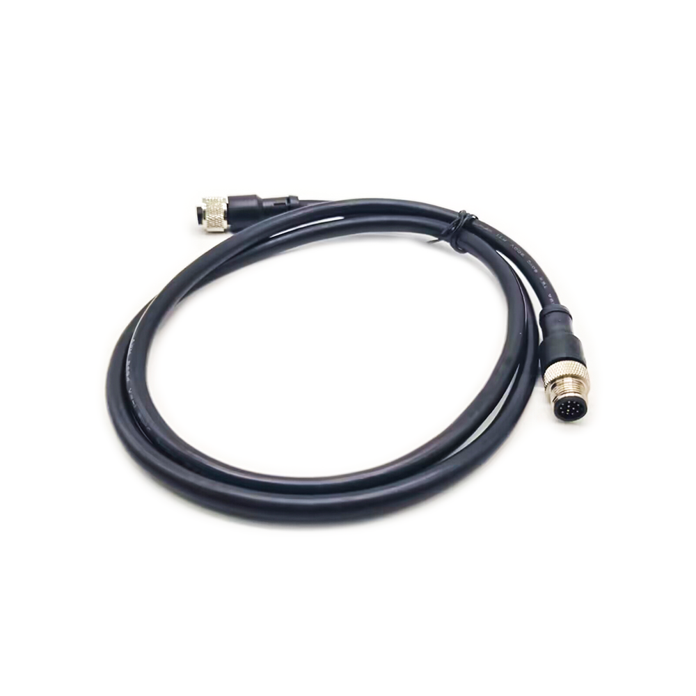 M12 传感器电缆插头 12Pin 公对母 A 码 180 度工业防水连接器 1M AWG26