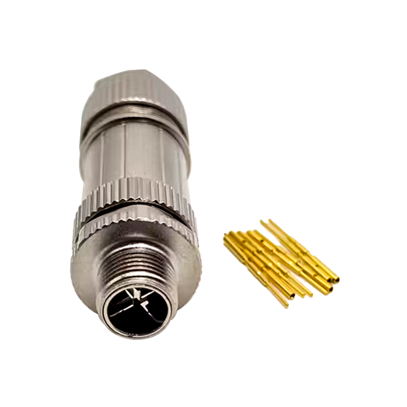 M12 8 Pin Connector Field Wireable Connector X Coded Male Straight Metal Waterproof Solder Shield