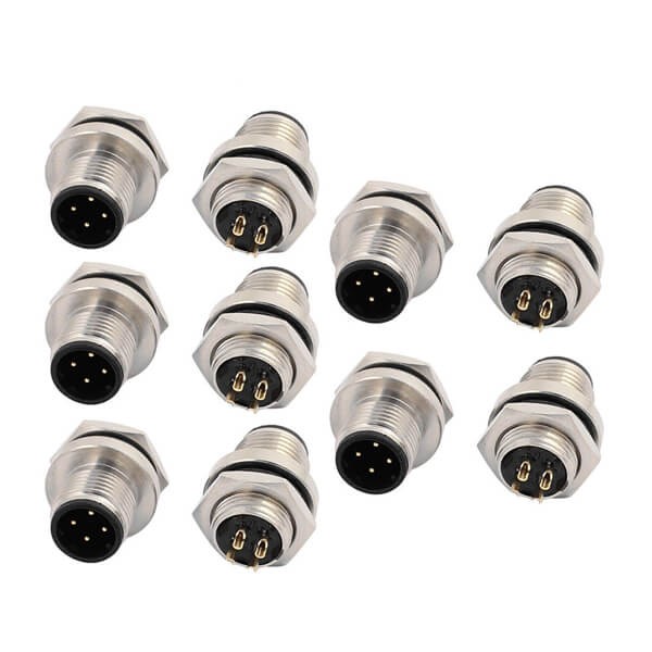 4-Pole M12 Rear Mount Connector Solder Contacts For Cable 10PCS