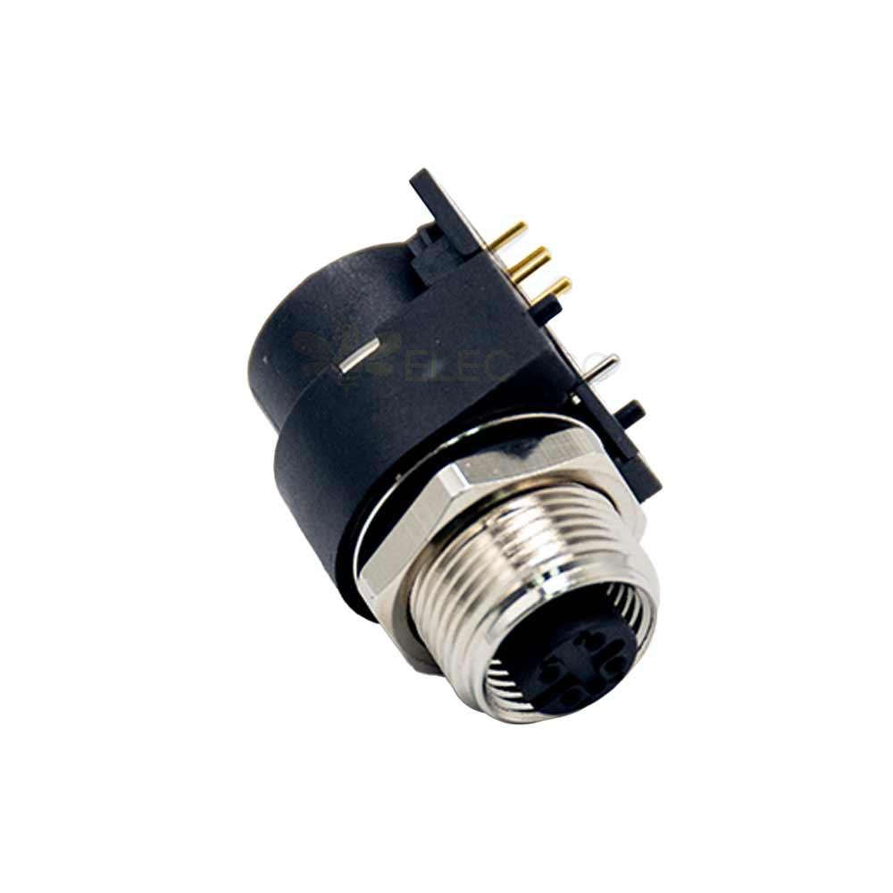 M12 Sensor Connector 4 Pin Female A Code Right Angled PCB Mount Socket 360° Full Shielding
