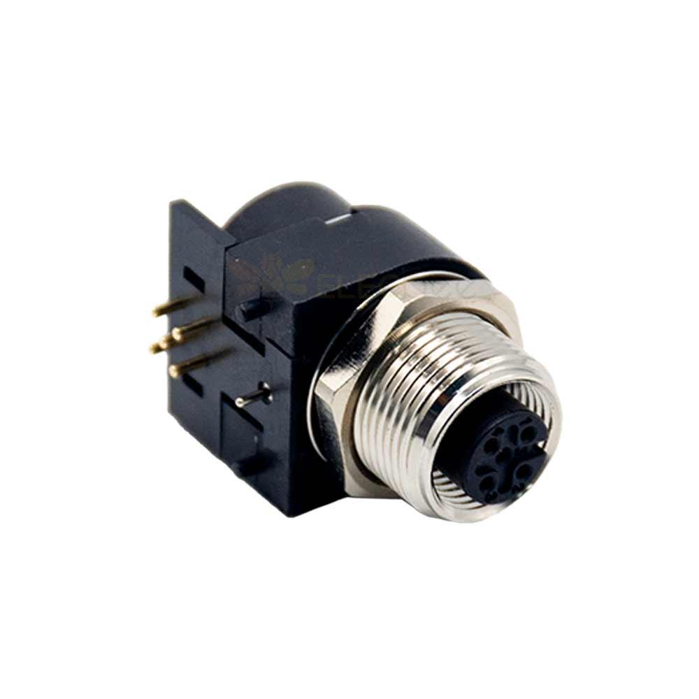 M12 5 Pin Female A Code Sensor Connector Right Angled PCB Mount Socket 360° Full Shielding