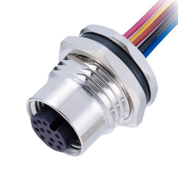 M12 12 Pin Female Connector Front Mount With Single Wire Harness 50CM AWG26 A Code Shiled