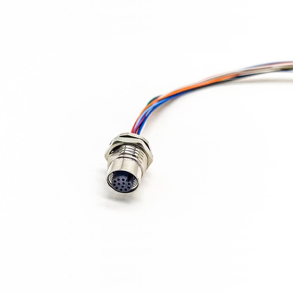 M12 12 Pin Female Connector Front Mount With Single Wire Harness 50CM AWG26 A Code Shiled