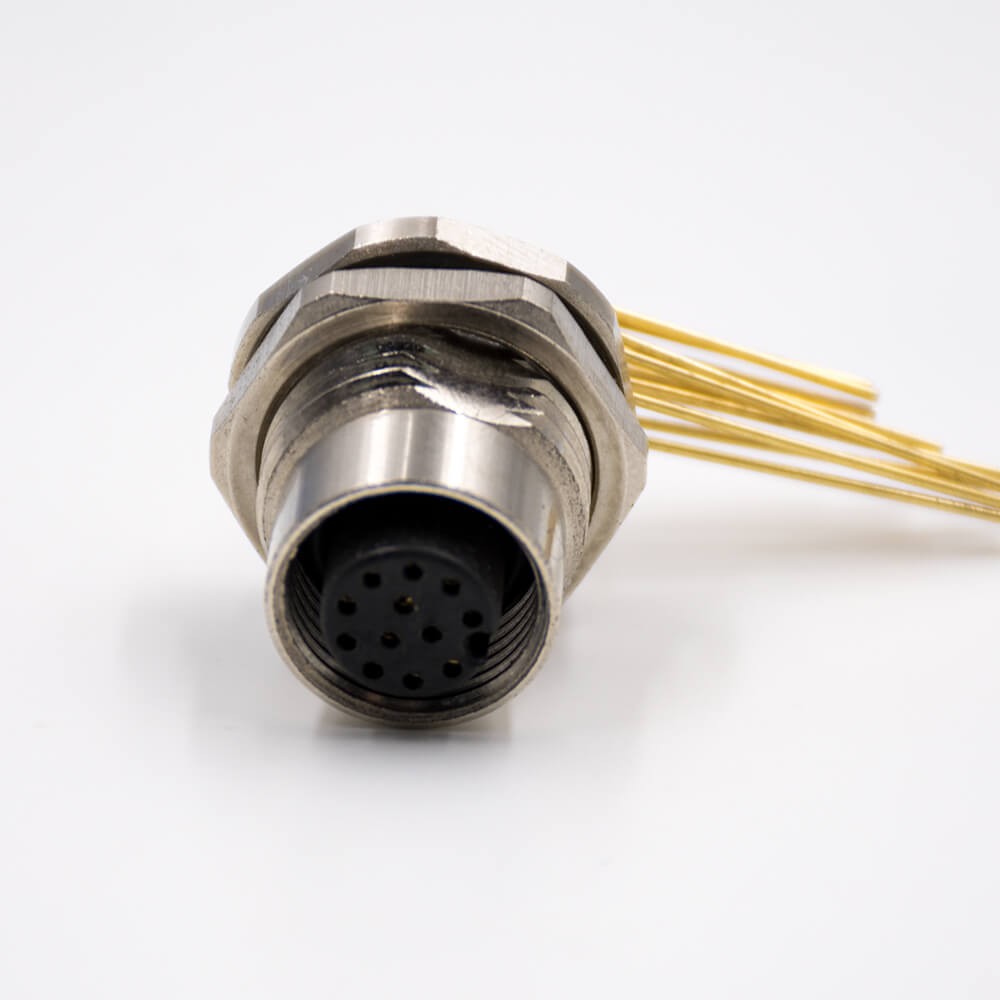 M12 12 Pin Female Connector Panel Receptacles A Coded Right Angle Front Mount Through Hole Waterproof