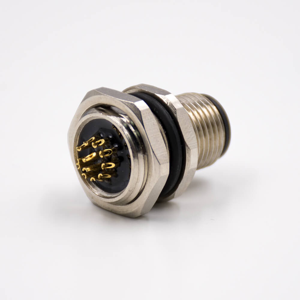 M12 12 Pin Male Connector Panel Receptacles A Coded Straight Back Mount Solder Type Cable Waterproof Shiled