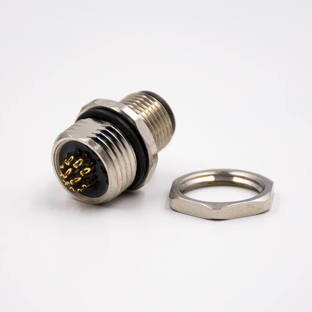 M12 12 Pin Male Connector Panel Receptacles A Coded Straight Back Mount Solder Type Cable Waterproof Shiled