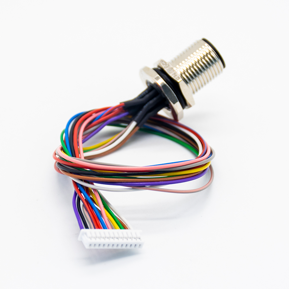 Connecteur de montage sur panneau M12 A Code 12P à pas de 1,25 mm, faisceau de câbles AWG26 de 20 cm pour le signal et le bouclier d\'alimentation CC