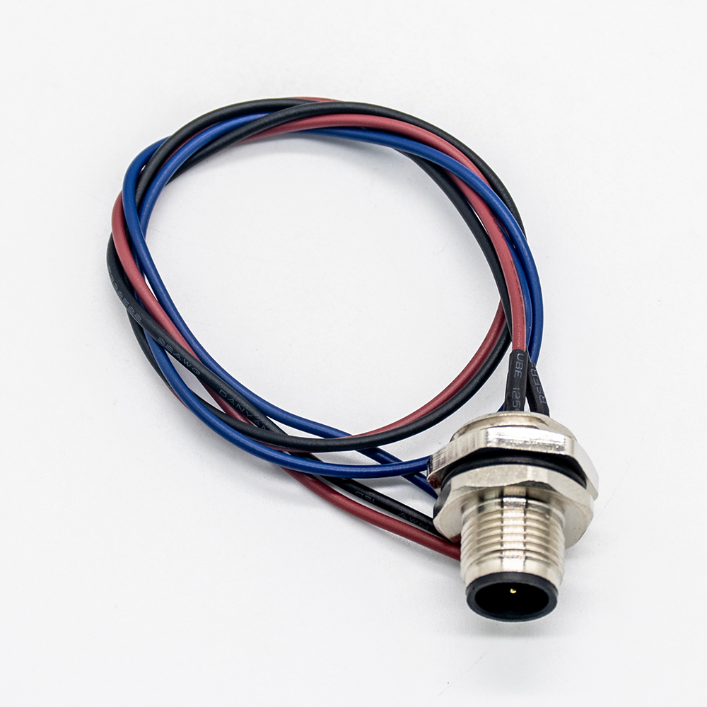  M12 3Pin Male Bulkhead Mount Connector Male IP67 Waterproof With Wires 30CM AWG22 Shielded Straight