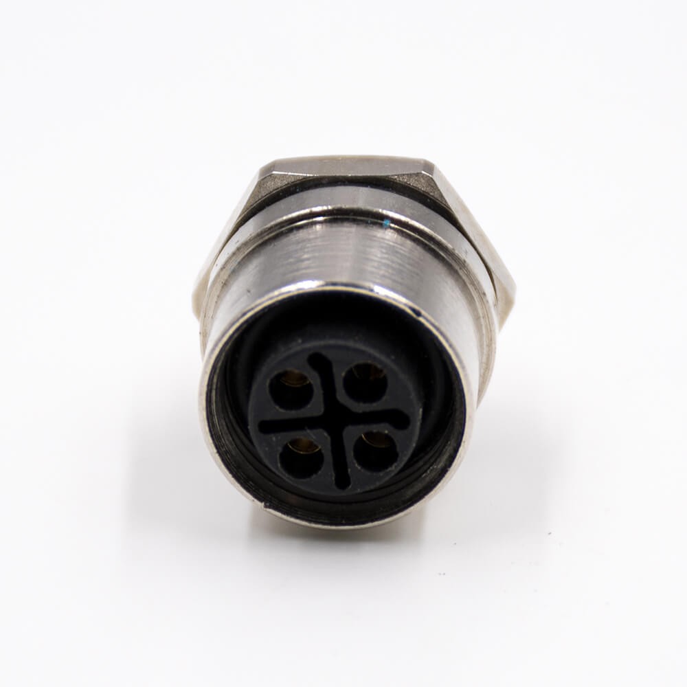 M12 4 Pin S Code Cable Female Straight Back Mount Panel Receptacles Solder Type Waterproof Shiled