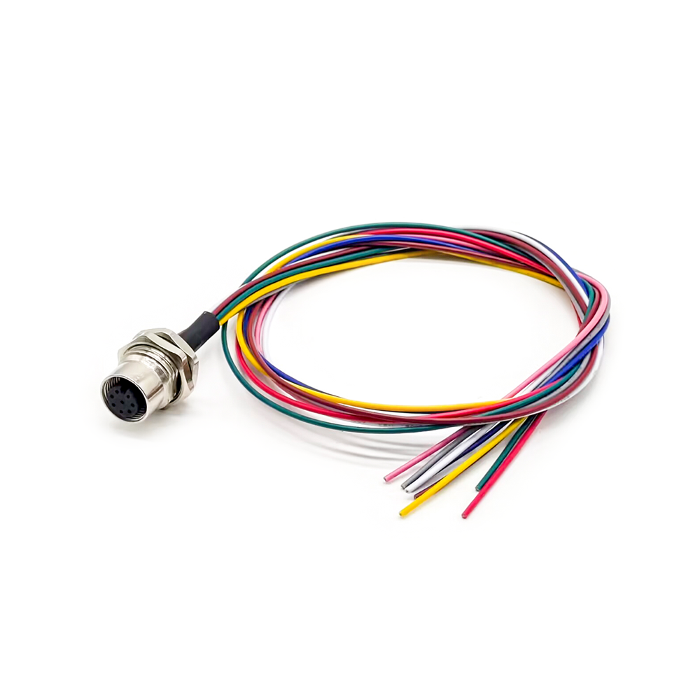 M12 8 Pin Panel Mount Connector A-Coded Female With Pigtails 0.5 Meter AWG24 Fixing thread PG9 Shiled