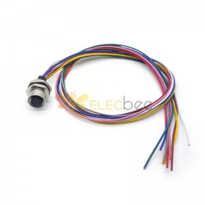 M12 8 Pole Female Panel Mount Connector With 50CM Length Single Wires A Code