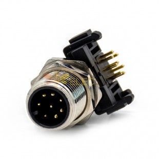 m12 8芯公头连接器插座弯式插PCB板螺纹前锁板防水传感器