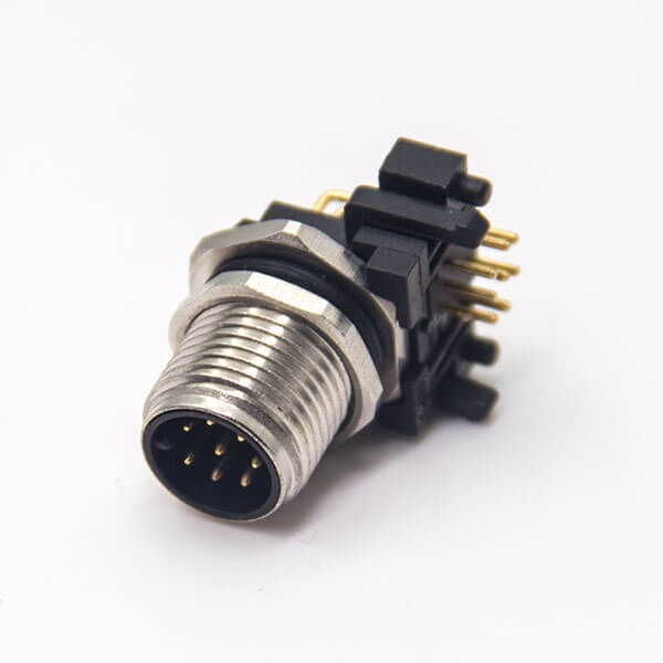 m12 8芯公頭連接器插座彎式插PCB板螺紋前鎖板防水傳感器