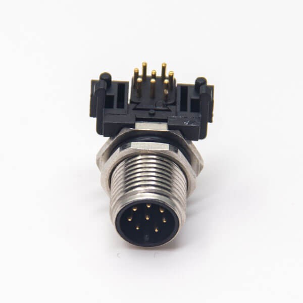 m12 8芯公頭連接器插座彎式插PCB板螺紋前鎖板防水傳感器
