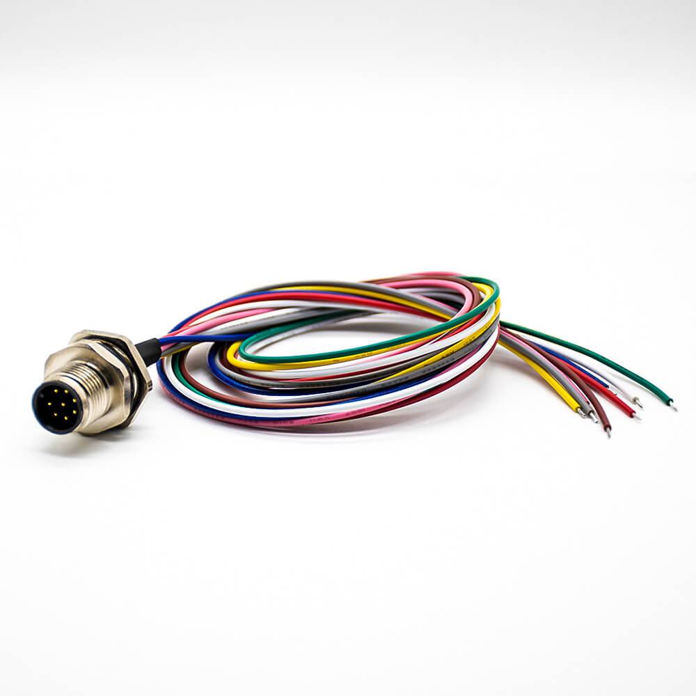 M12 公插座 A 编码 8Pin 直背安装电缆 0.2M 焊接防水连接器