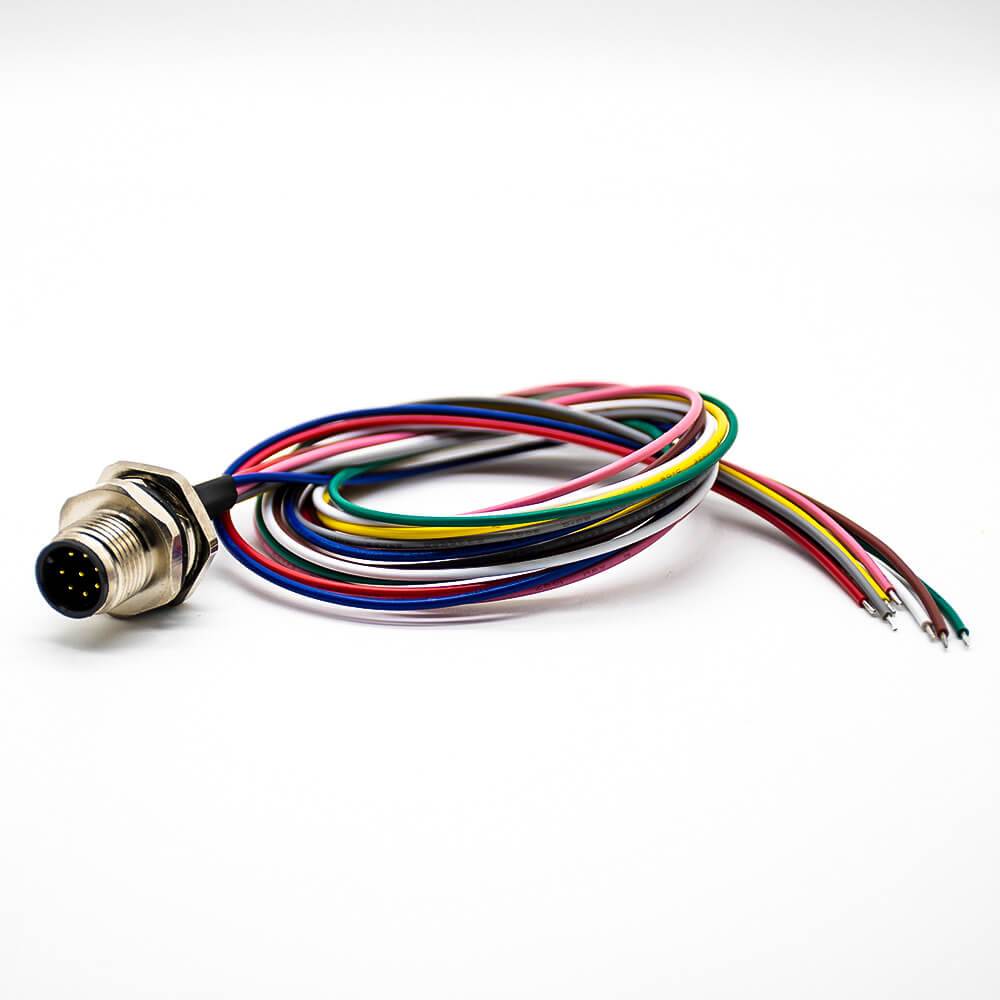 M12 公插座 A 編碼 8Pin 直背安裝電纜 0.2M 焊接防水連接器