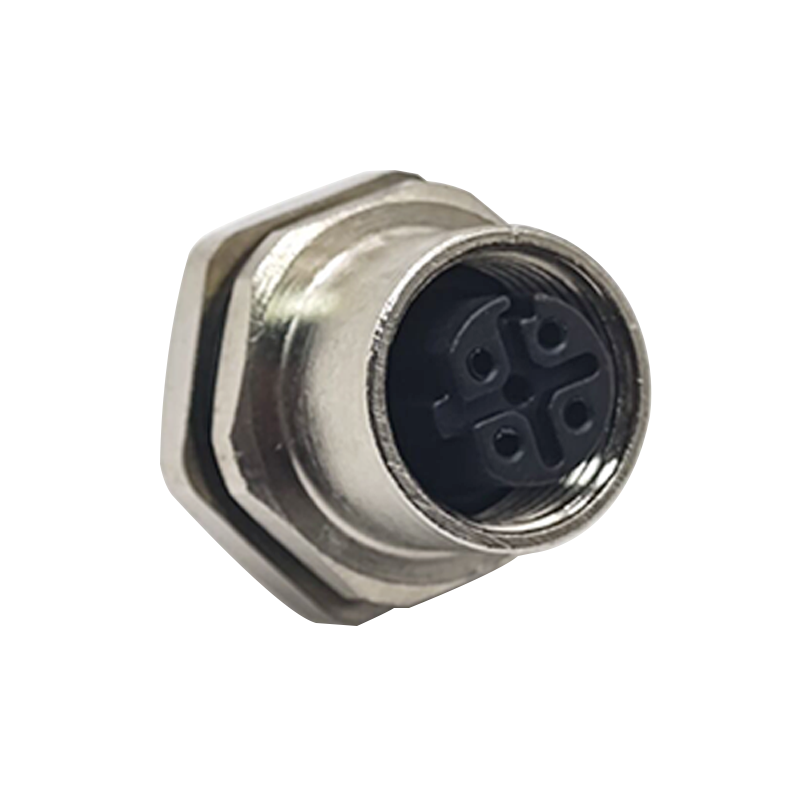 D型锁扣M12母头4芯直式后锁板防水接线焊接式插座带屏蔽连接器