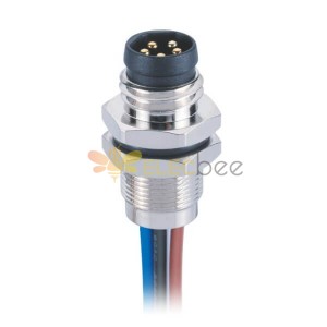 M8 5Pin Back Mount Socket B Coding Male Panel Mount Straight Waterproof Solder Type With 1M 24AWG Wire