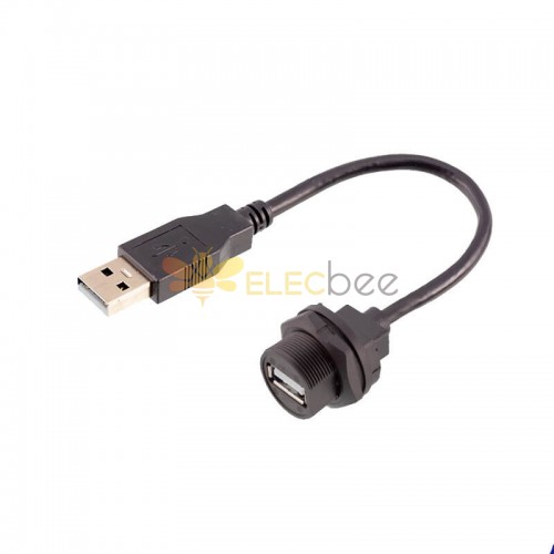 防水USB2.0插頭帶線IP67 IP68母轉公帶線板後插座 線長50cm